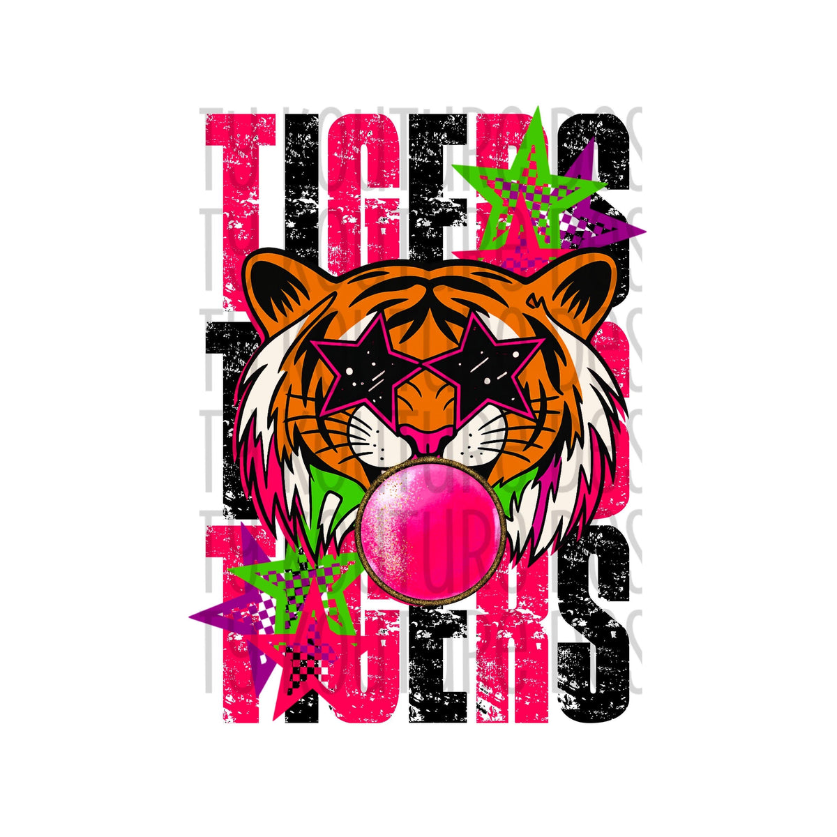 Bubblegum Mascot Tiger distressed with matching front bow png