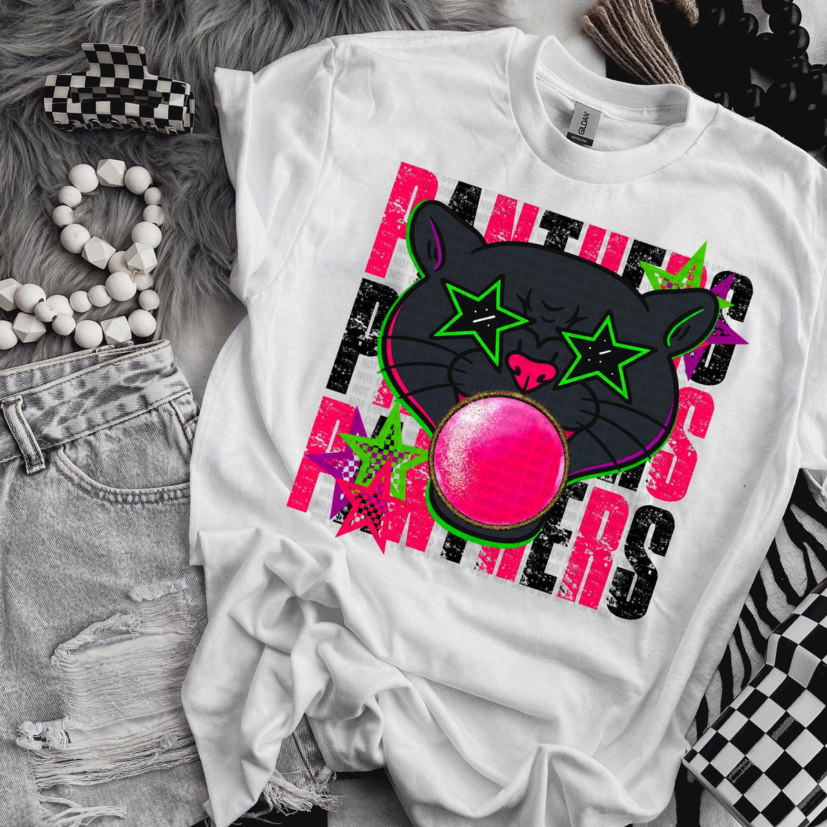 Bubblegum Mascot Panthers distressed with matching front bow png