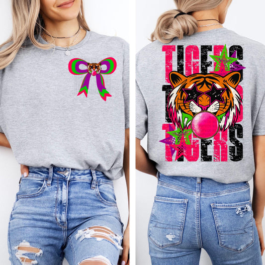 Bubblegum Mascot Tiger distressed with matching front bow png
