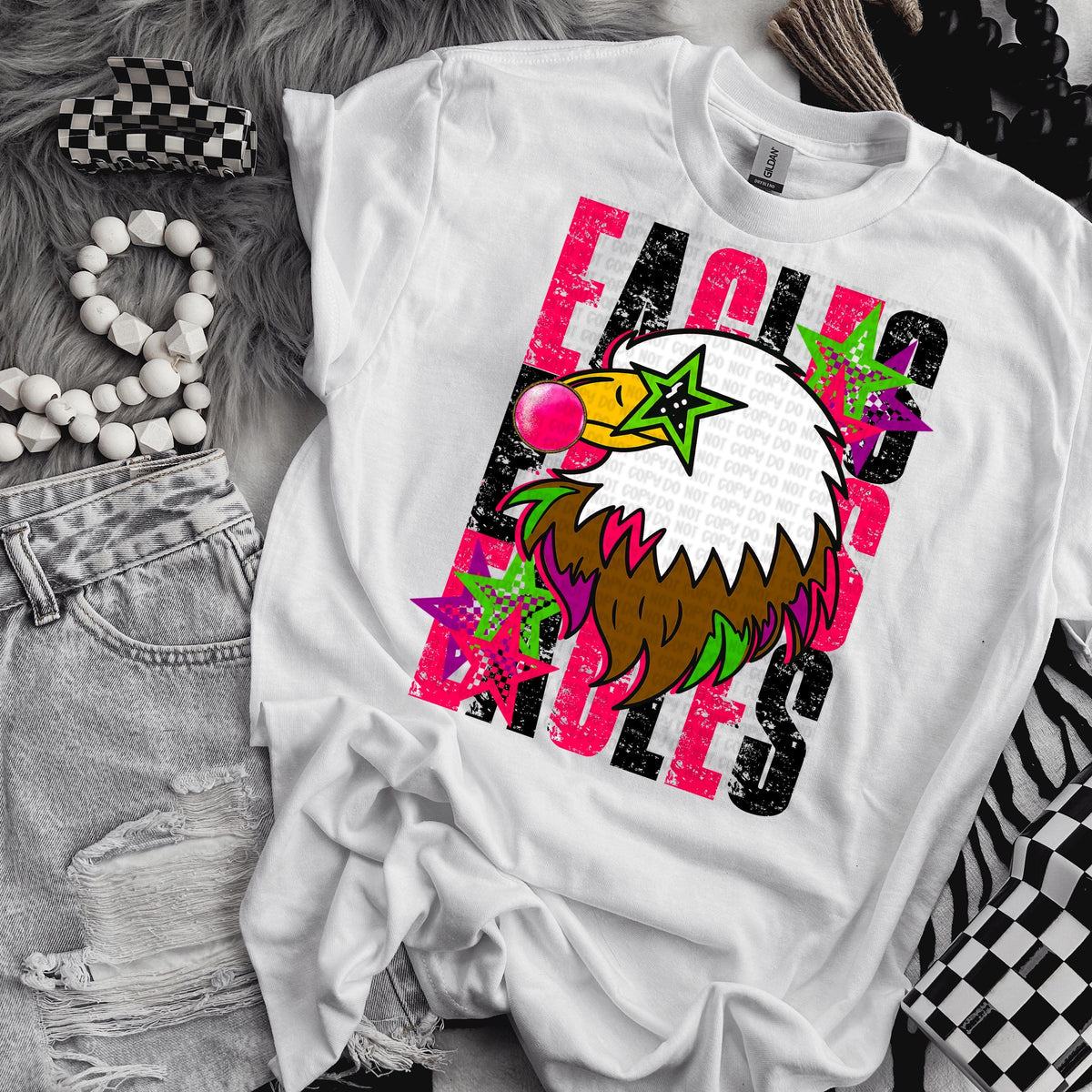 Bubblegum Eagles mascot distressed with matching front bow digital png