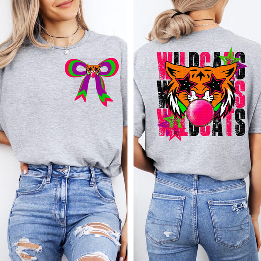 Bubblegum Mascot Wildcats distressed with matching front bow PNG